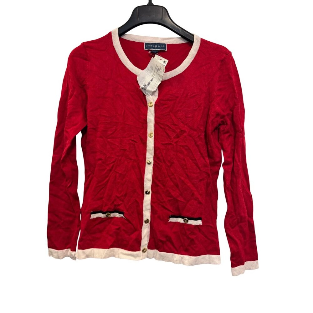 Karen Scott Womens Petite Large Red Cardigan Button Front Long Sleeve Contrast T